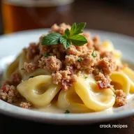 Creamy Alfredo Tortellini Bake with Crispy Bacon Crumble
