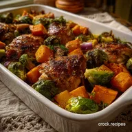 Honey Dijon Chicken with Sweet Potatoes and Brussels Sprouts: Crispy Baked