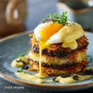 Black Pudding Stack: Mustard Hollandaise Crispy Rosti