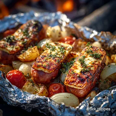 Campfire Recipes: Easy Sausage Halloumi Foil Packs (Minimal Wash Up!) Recipe Card