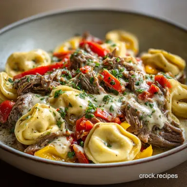 Cheesesteak Tortellini Slow Cooker Favorites Recipe Card