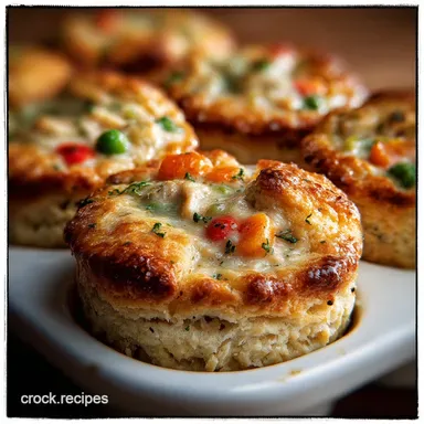 Chicken Pot Pie Bites with Biscuits Crispy Baked Recipe Card