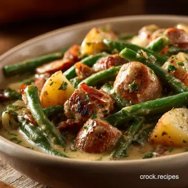 Creamy Crock Pot Green Beans Sausage and Potatoes: Easy Slow Cooker Dinner