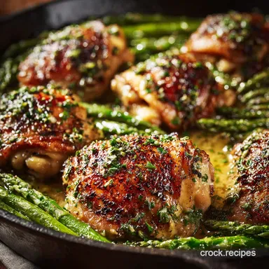 Crisp Garlic Herb Butter Chicken Thighs Asparagus Skillet Recipe Card