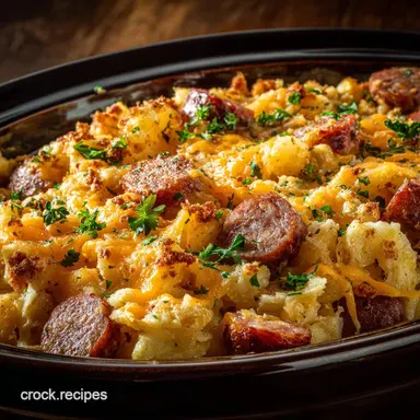 The Best Crock Pot Cheesy Sausage Potato Casserole Ultimate Comfort Food Recipe Card