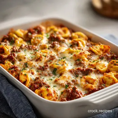 Easy Baked Tortellini Cheese Casserole with Ground Beef and Marinara Sauce Ready in 30 Min Recipe Card