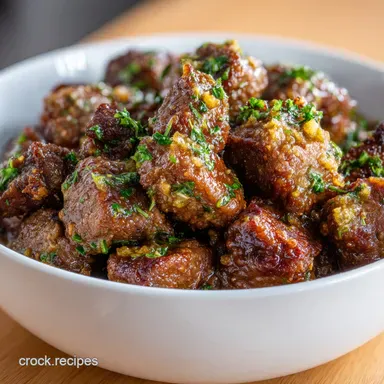 High Protein Slow Cooker Garlic Butter Beef Bites Easy Dinner Recipe Recipe Card