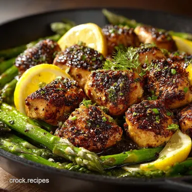 30Minute OnePan Garlic Butter Chicken Bites with Lemon Asparagus Recipe Card