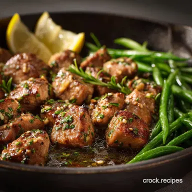 Garlic Butter Pork Bites Lemon Green Beans A Speedy Weeknight Supper Recipe Card