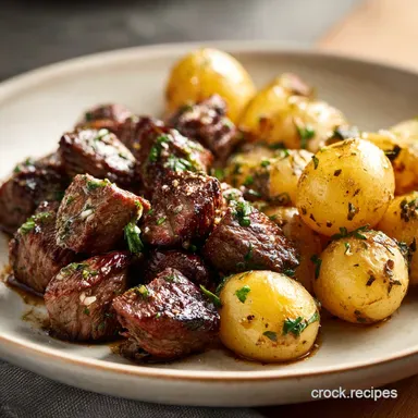 Slow Cooker Garlic Butter Steak Bites for 6 Recipe Card