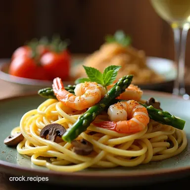 Quick Garlic Shrimp Asparagus Mushroom Pasta Recipe 30 Min Recipe Card