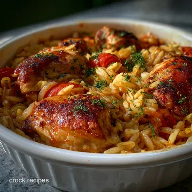 Creamy and Cozy One Pan Greek Chicken Orzo Casserole Dinner Recipe Card