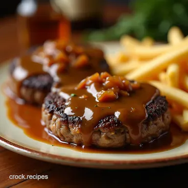 Homestyle Juicy Hamburger Steaks with Rich Onion Gravy Recipe Card