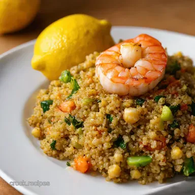 Lemony Garlic Healthy Shrimp Dinner Quinoa Veggie Delight Recipe Card