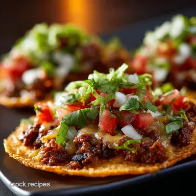 30Minute Taco Pizza Appetizer Crispy Tortillas Cheesy Beef Filling Recipe Card