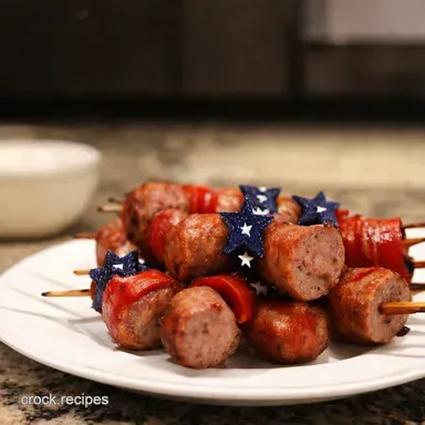 StarSpangled Sausage Skewers 4th of July Food Ideas Recipe Card