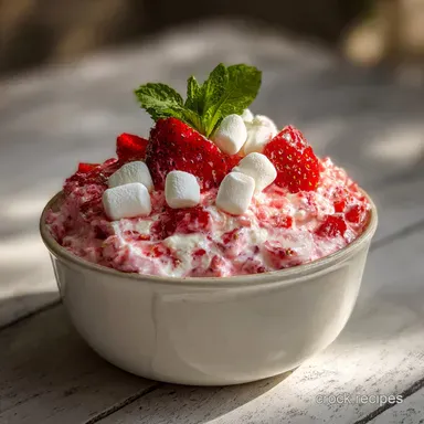 Strawberry Jello Fluff Salad No-Bake Dessert with Mini Marshmallows: No-Bake Recipe Card