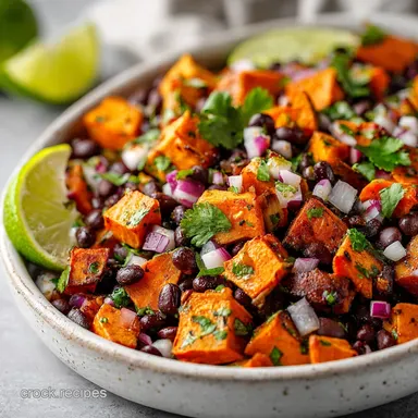 Healthy Roasted Sweet Potato Black Bean Salad with Lime Dressing Recipe Card