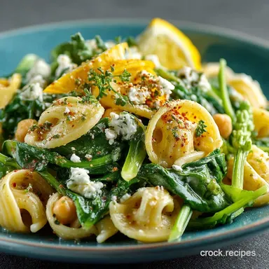 Bright Lemon Feta Chickpea and Spinach Pasta Salad Recipe Card