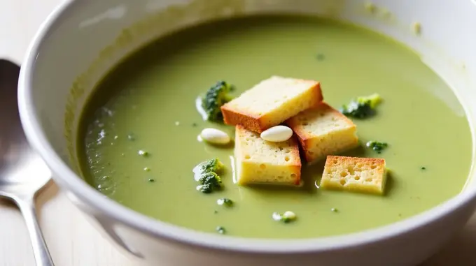 Broccoli Soup with Croutons & Goat Cheese