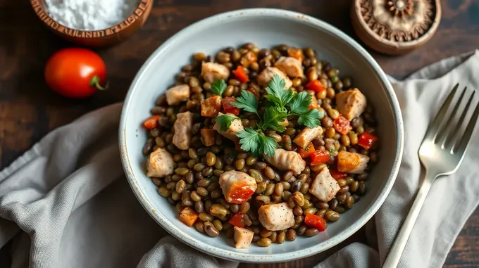 Rustic Warm Lentil Salad with Chicken & Serrano