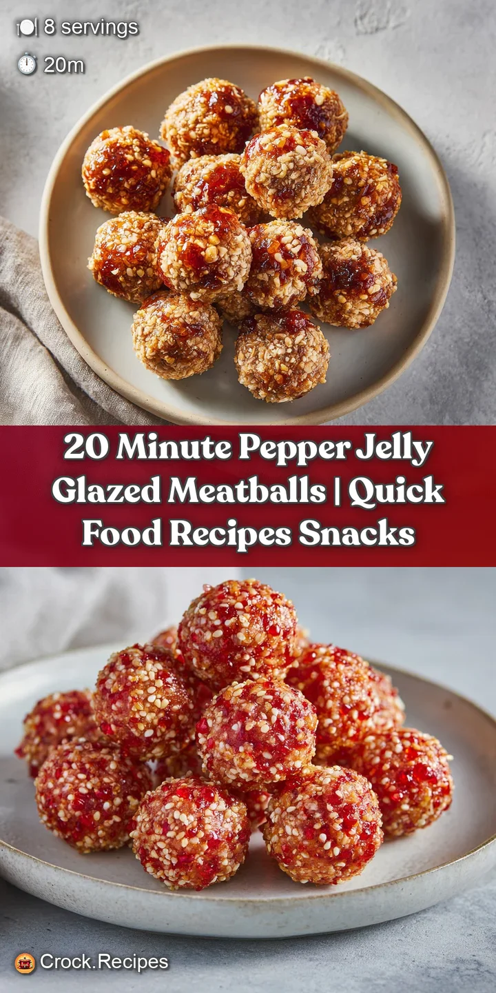 Close-up of a plump meatball coated in shimmering, sweet-and-spicy red pepper jelly glaze.