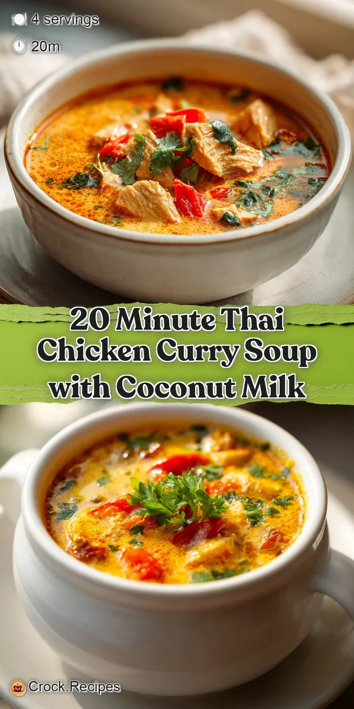 Close-up of fragrant Thai chicken curry soup showcasing tender chicken, colorful peppers, and rich, creamy broth.