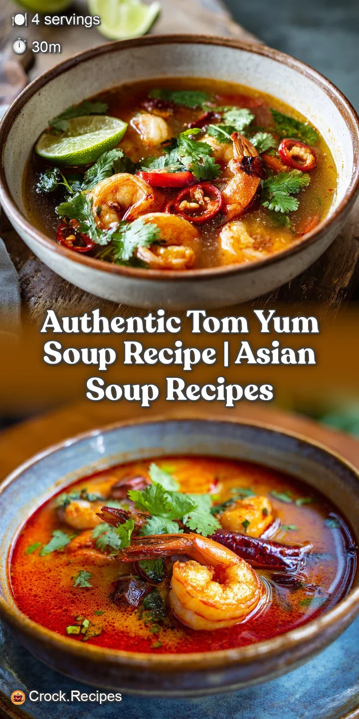Close-up of spicy Tom Yum broth showcasing plump shrimp, juicy mushrooms, and chili flakes. Aromatic steam rises from the ...