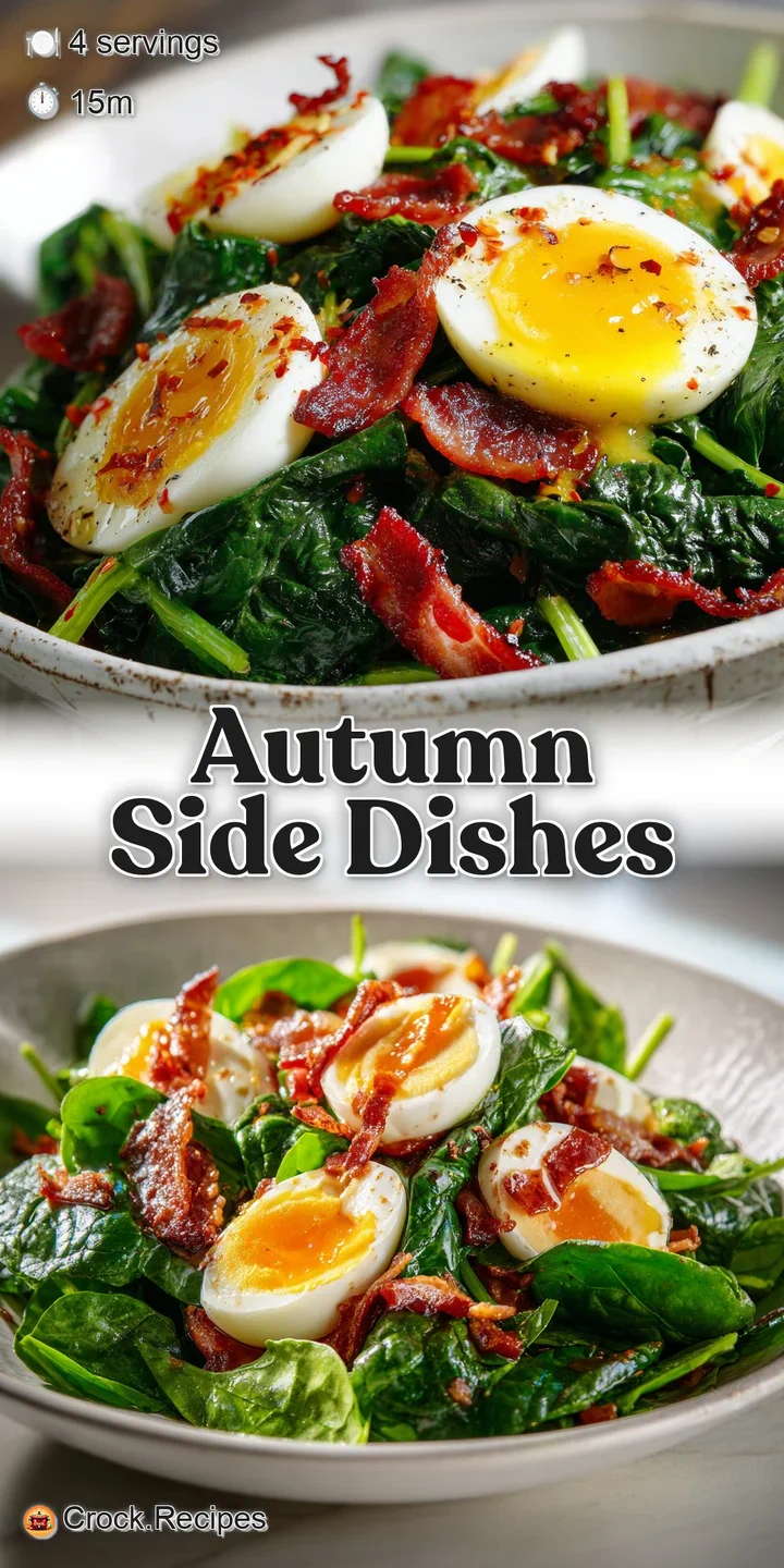 Close-up of a spinach salad showcasing glistening bacon, creamy egg yolk, and the rich, warm sheen of vinaigrette.