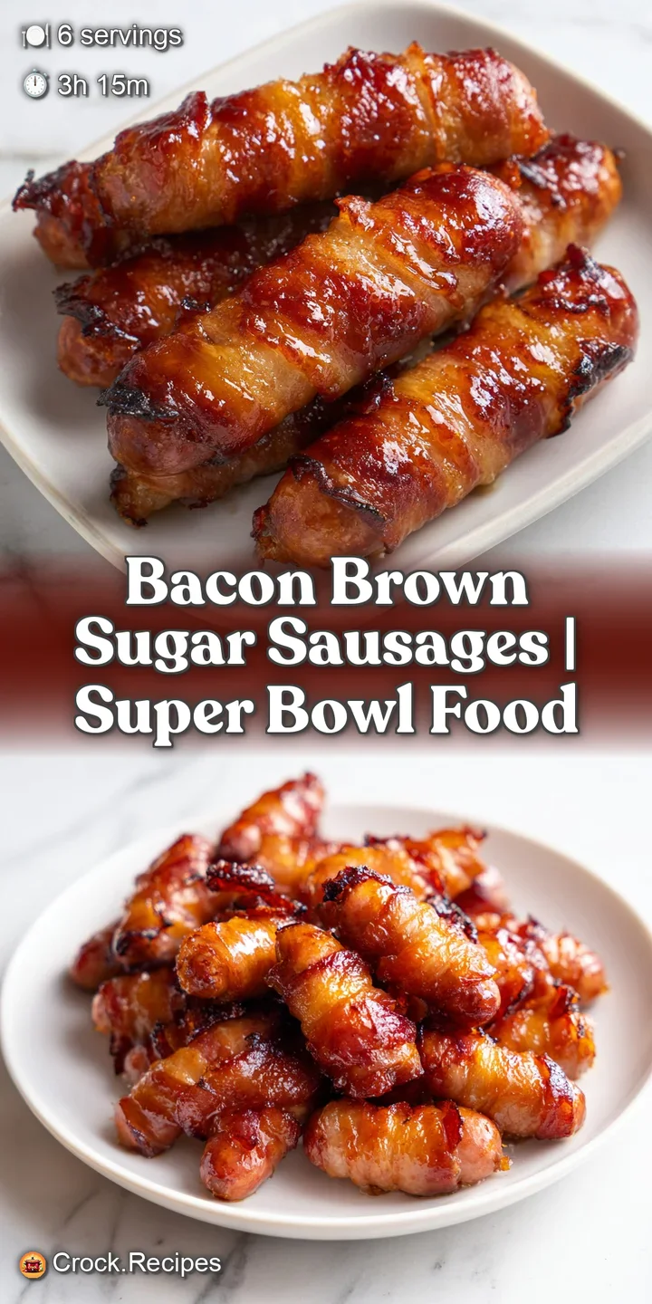 Extreme close-up of a caramelized sausage wrap showing the sticky glaze and crisp, golden-brown bacon textures.