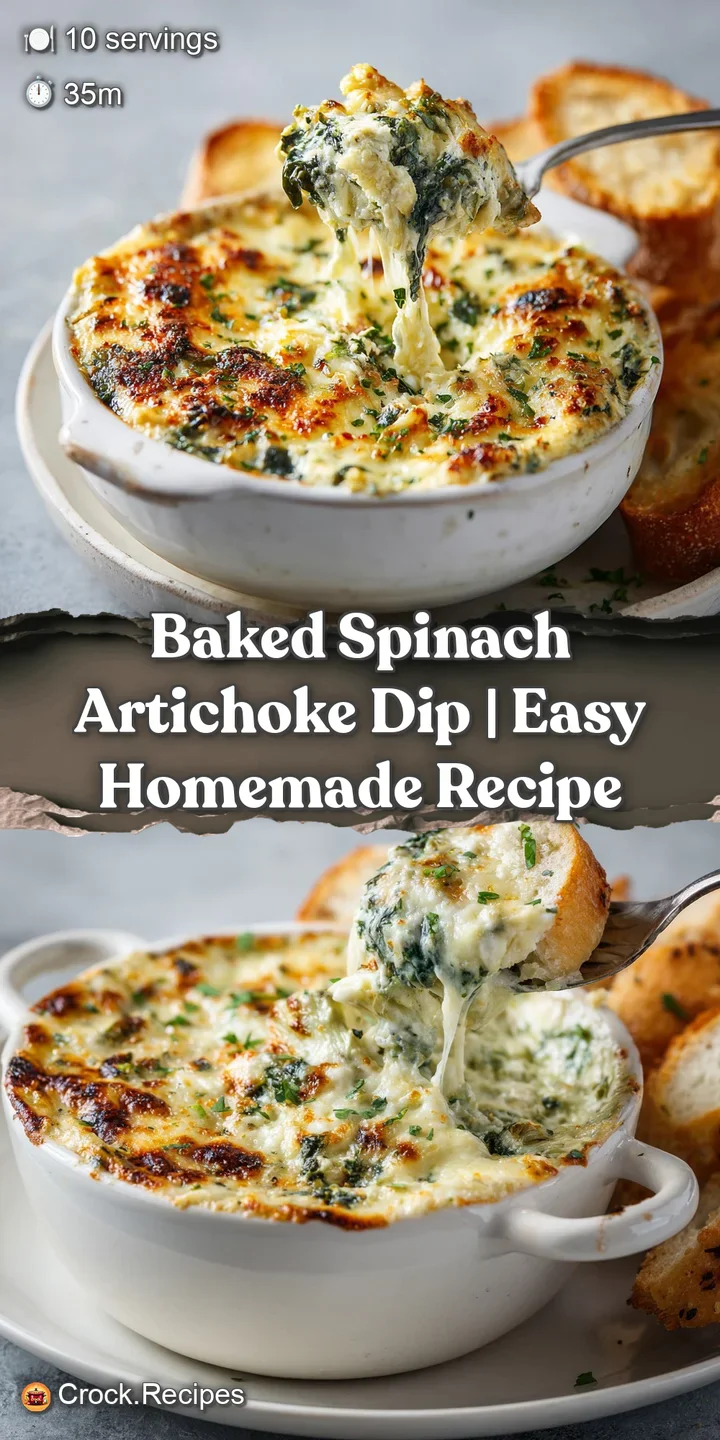 Close-up of hot, cheesy spinach artichoke dip with visible green flecks and creamy texture.