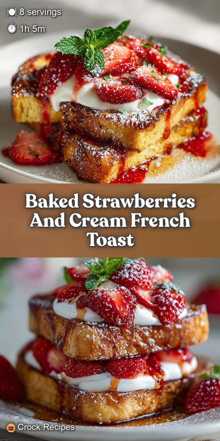 Close-up of baked French toast revealing a soft, custard-soaked interior, bursting with syrupy macerated strawberries.