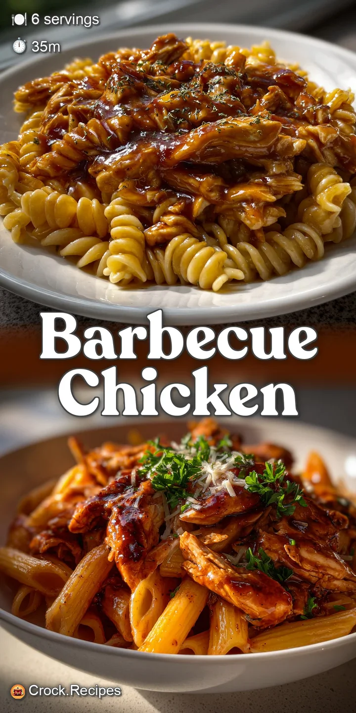 Close-up of tender chicken and pasta glistening in a smoky, creamy BBQ sauce. Warm, inviting colors and a tempting, delici...