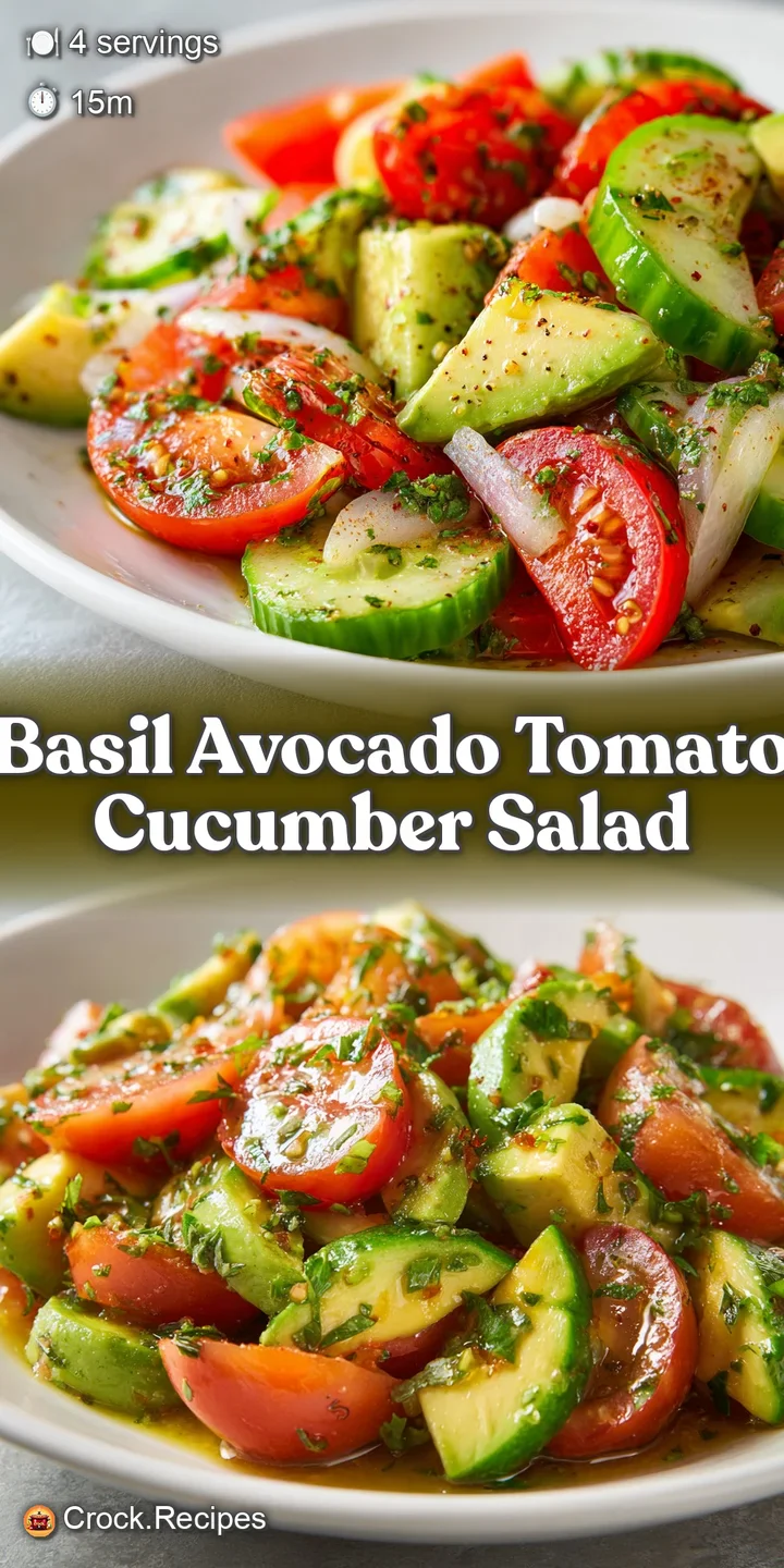 Close-up reveals creamy avocado chunks nestled among juicy red tomato wedges and verdant basil, hinting at fresh, bright f...