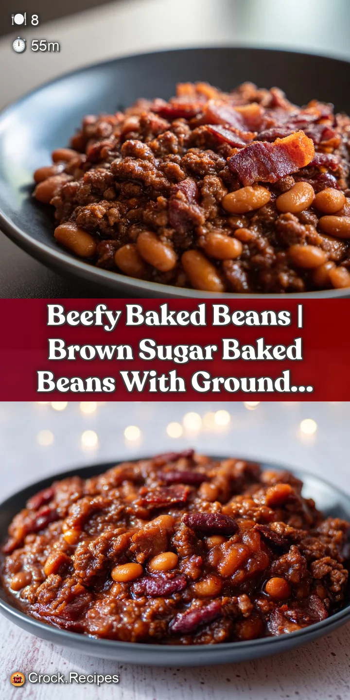 Close-up of glossy, deep amber beans and tender beef crumbles, showing a thick, simmering sauce and steam rising.