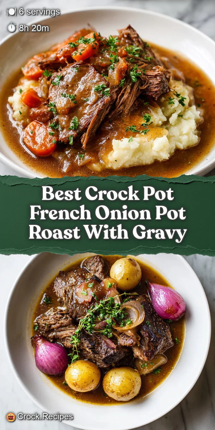 Mouthwatering close-up of shredded pot roast, swimming in deep brown gravy with soft, golden caramelized onions. Irresisti...