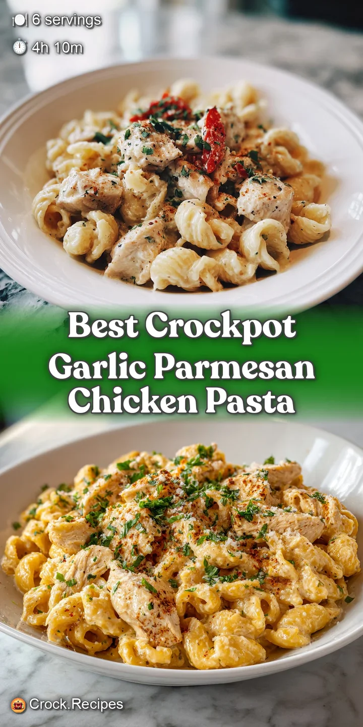 Close-up shot of garlic parmesan chicken pasta, showcasing the rich, creamy texture and browned bits of baked parmesan che...