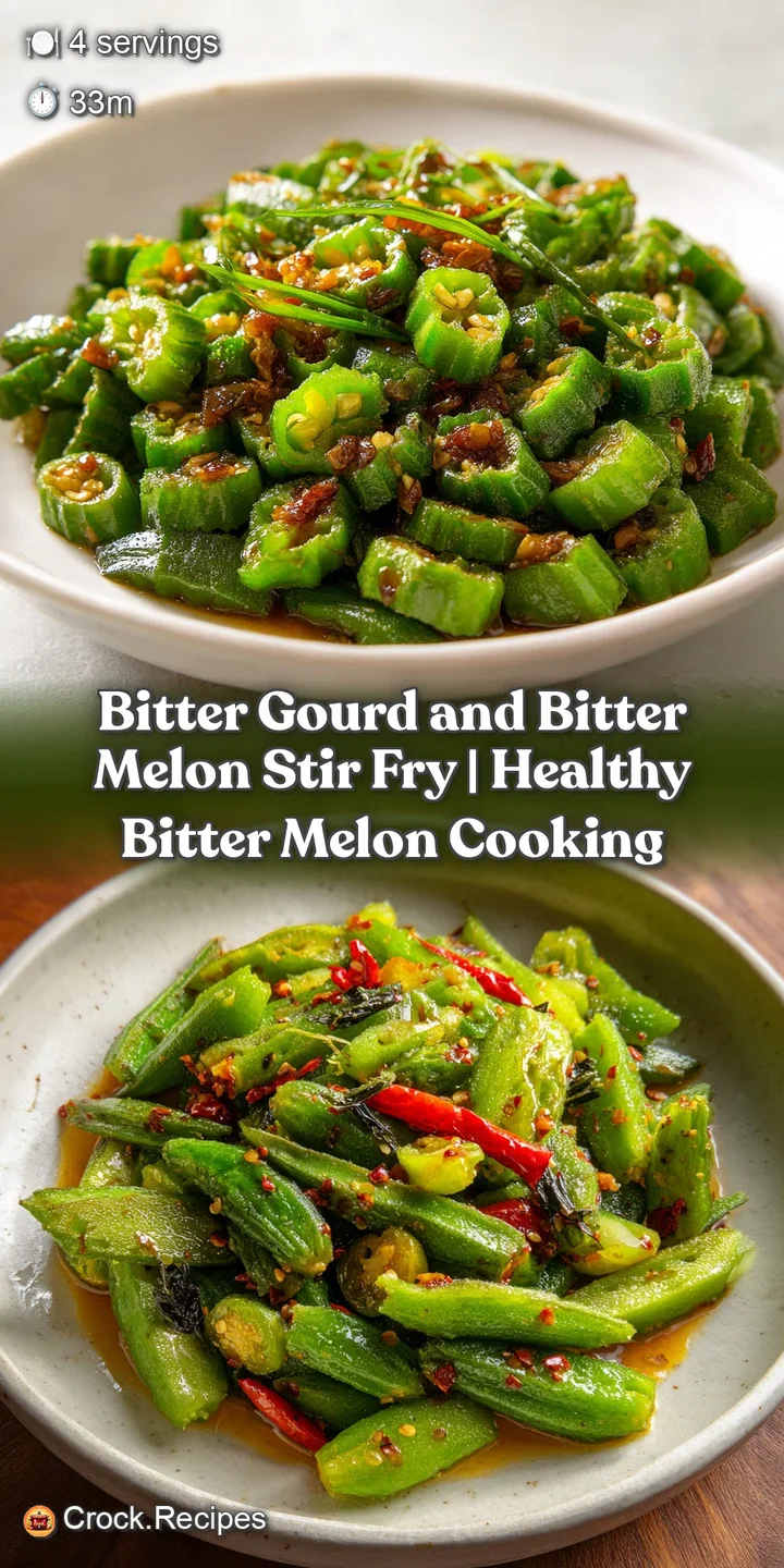 Glossy, slightly charred bitter melon stir-fry, steam rising from the dish. Hints of ginger and spices visible in the glos...