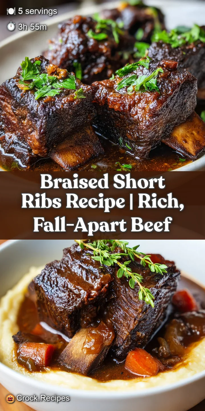 Close-up of tender braised short ribs, falling off the bone, with a deep, dark, rich sauce and glistening texture. Intense...