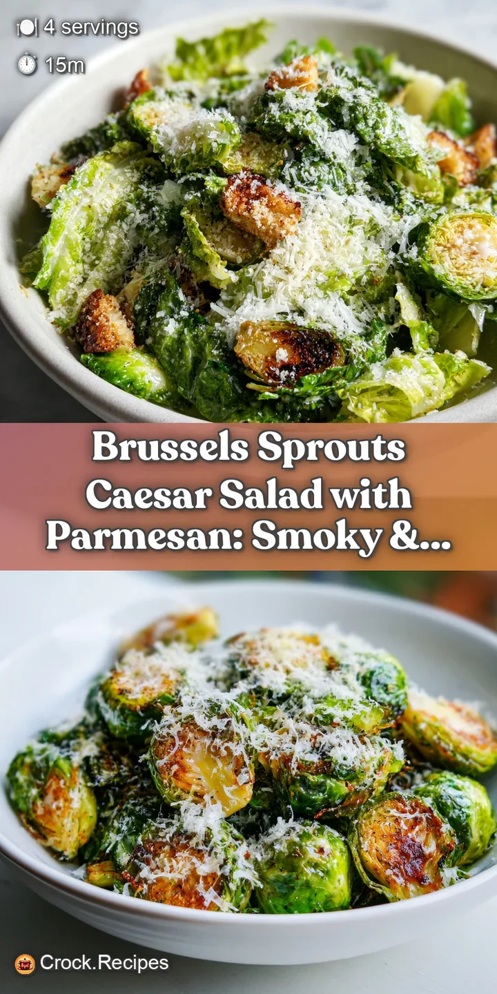 Close-up shows crisp, shredded Brussels sprouts coated in rich Caesar dressing, dotted with flakes of salty Parmesan chees...