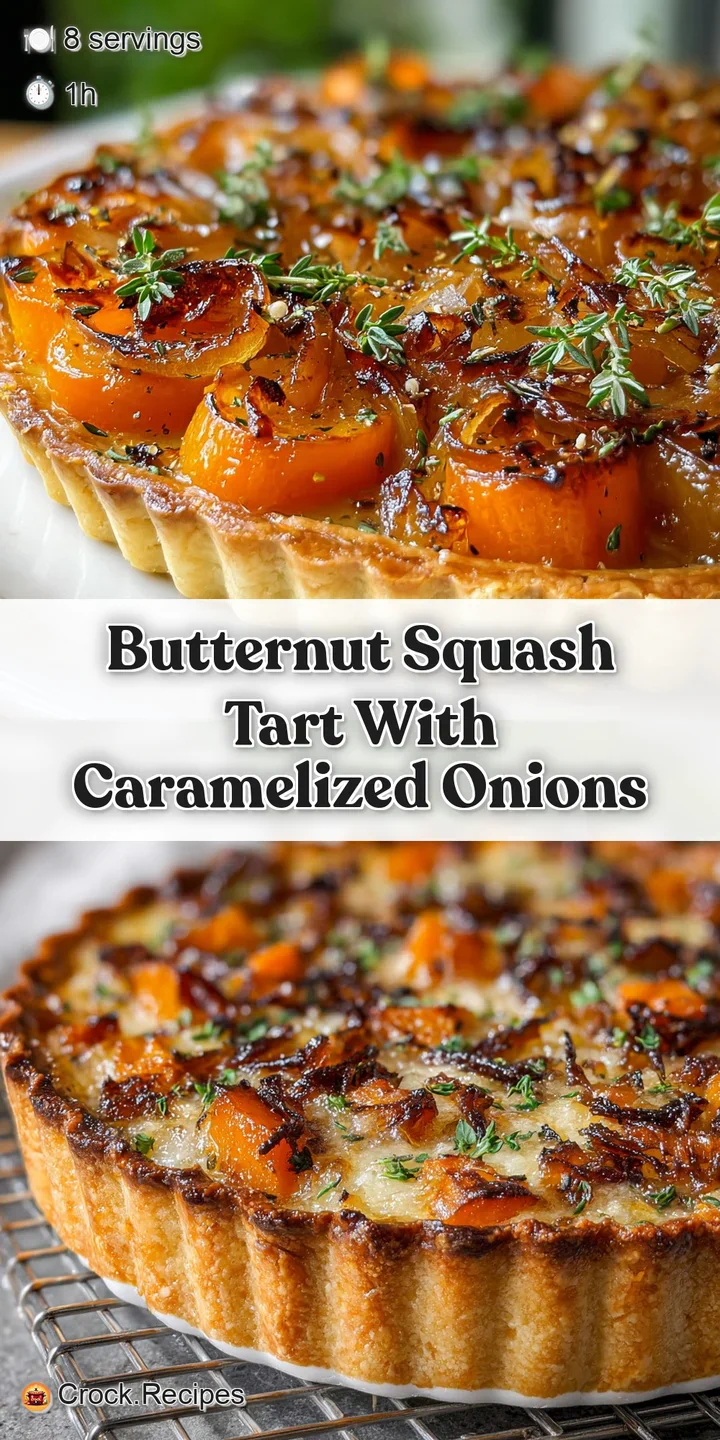 Close-up of butternut squash and Gruy&egrave;re tart showcasing golden-brown caramelized squash, bubbling cheese, and a perfectly...