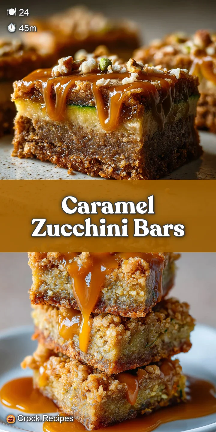 Close-up of a caramel zucchini bar, glistening caramel, visible zucchini flecks. Soft, moist crumb, invitingly sweet autum...