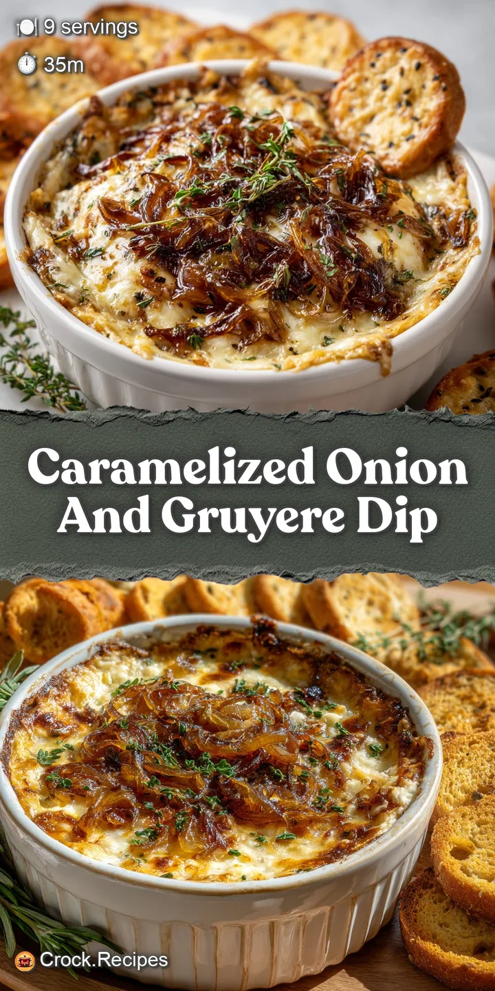 Close-up of rich, melted Gruyere dip. Swirls of dark caramel from onions, with fragrant thyme sprig, beckon for a taste.