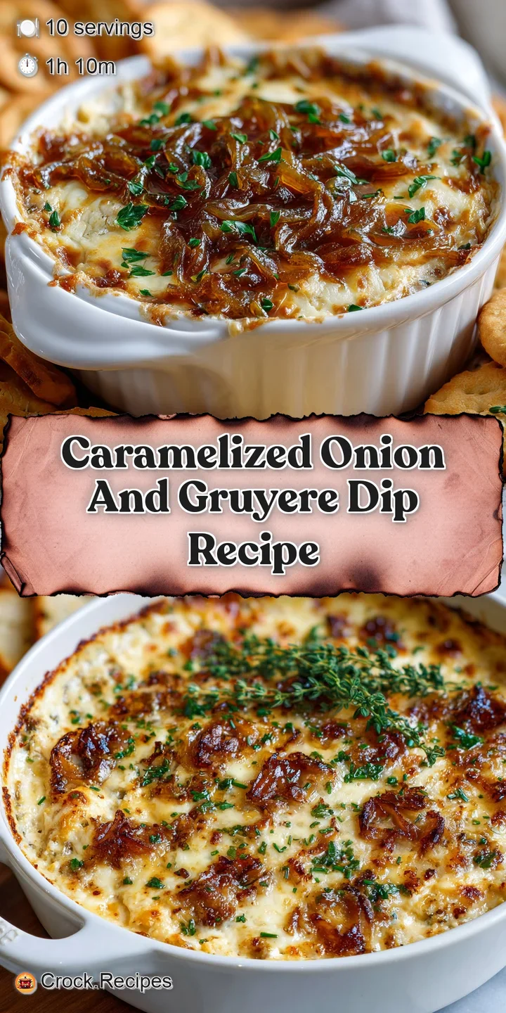 Close-up of a bubbling, cheesy caramelized onion dip, revealing golden-brown crust and soft, creamy texture.