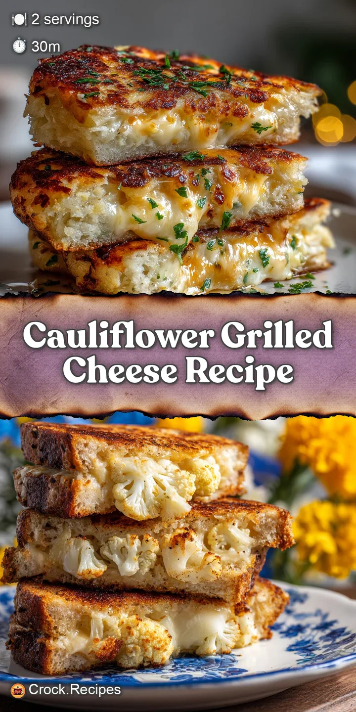 Close-up of a grilled cheese sandwich, melted cheese bubbling between golden slices, hint of cauliflower peeking out from ...