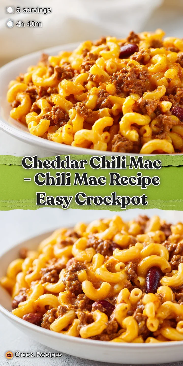 Close-up of gooey melted cheddar cheese stretching between macaroni noodles mixed with rich, savory chili meat.