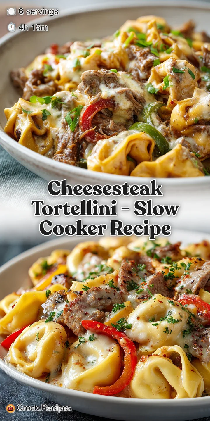 Close-up of glistening tortellini coated in creamy cheese sauce, tender steak slices, and vibrant green and red peppers.