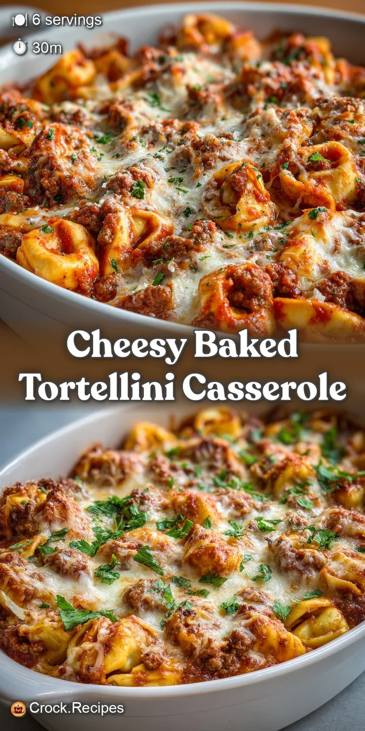 Close-up of a tortellini bake: bubbling mozzarella and vibrant marinara sauce create a delicious melted cheese pull.