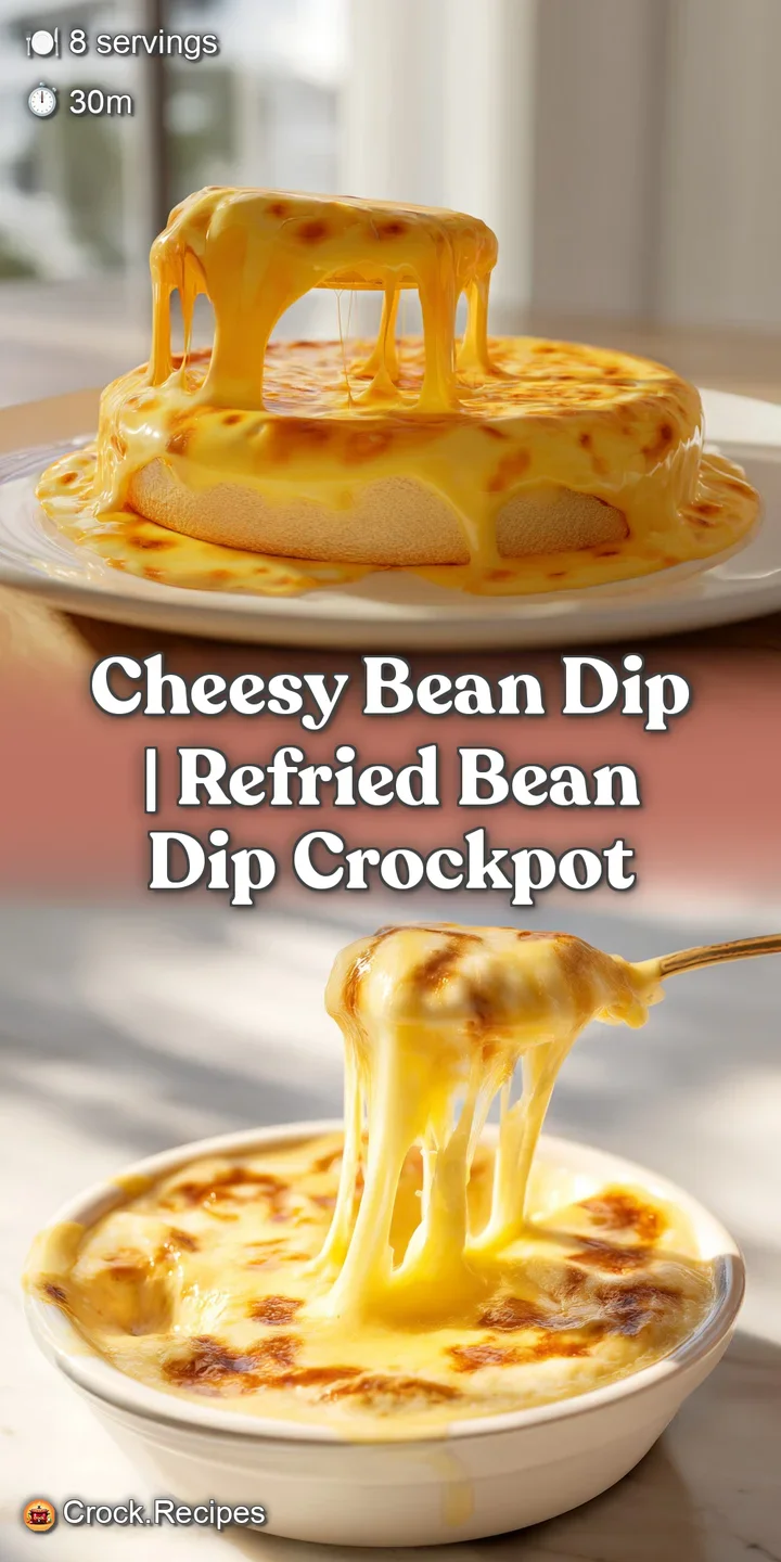 Close-up of a crunchy tortilla chip lifting a string of melted, stretchy cheese from a pot of creamy savory beans.