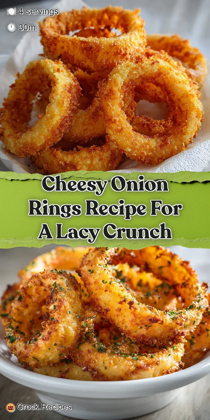Close-up shows golden, crispy fried onion rings with bubbly, melted cheese. Steam rises to meet the eye, promising warm fl...